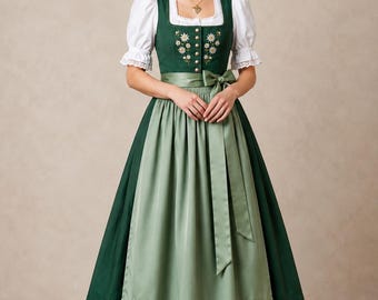 May include: A dark green dirndl dress featuring a white blouse with puffed sleeves, a bodice with floral embroidery and metal buttons, and a light green satin apron tied at the waist. The skirt is floor-length and dark green in color.