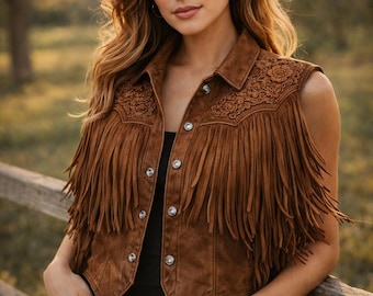 Handmade Leather Fringe Vest, Embroidered Cropped Cowgirl Style vest