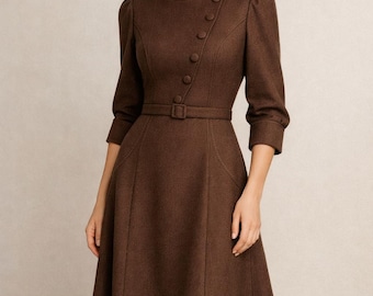 Brown Wool Midi Dress for Women, Vintage Style Belted Dress