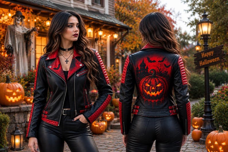 Gotisk pumpa-bikerjacka, svartröd läderjacka för Halloween bild 1