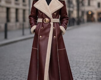 Leather Shearling Trench Coat | Women's Winter Long Coat,Trench Coat,Winter Coat