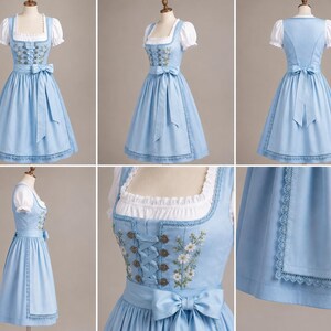 May include: A light blue dirndl dress featuring a white blouse with short puff sleeves, a square neckline, and a bodice with floral embroidery and lace-up detailing. The skirt includes a matching apron with a bow at the waist and lace trim.