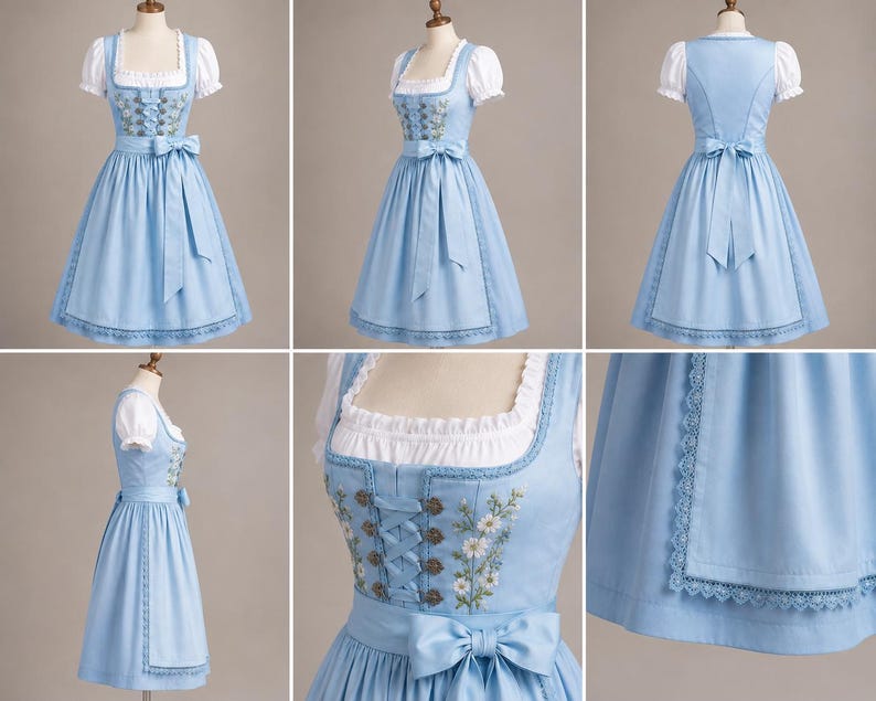 May include: A light blue dirndl dress featuring a white blouse with short puff sleeves, a square neckline, and a bodice with floral embroidery and lace-up detailing. The skirt includes a matching apron with a bow at the waist and lace trim.