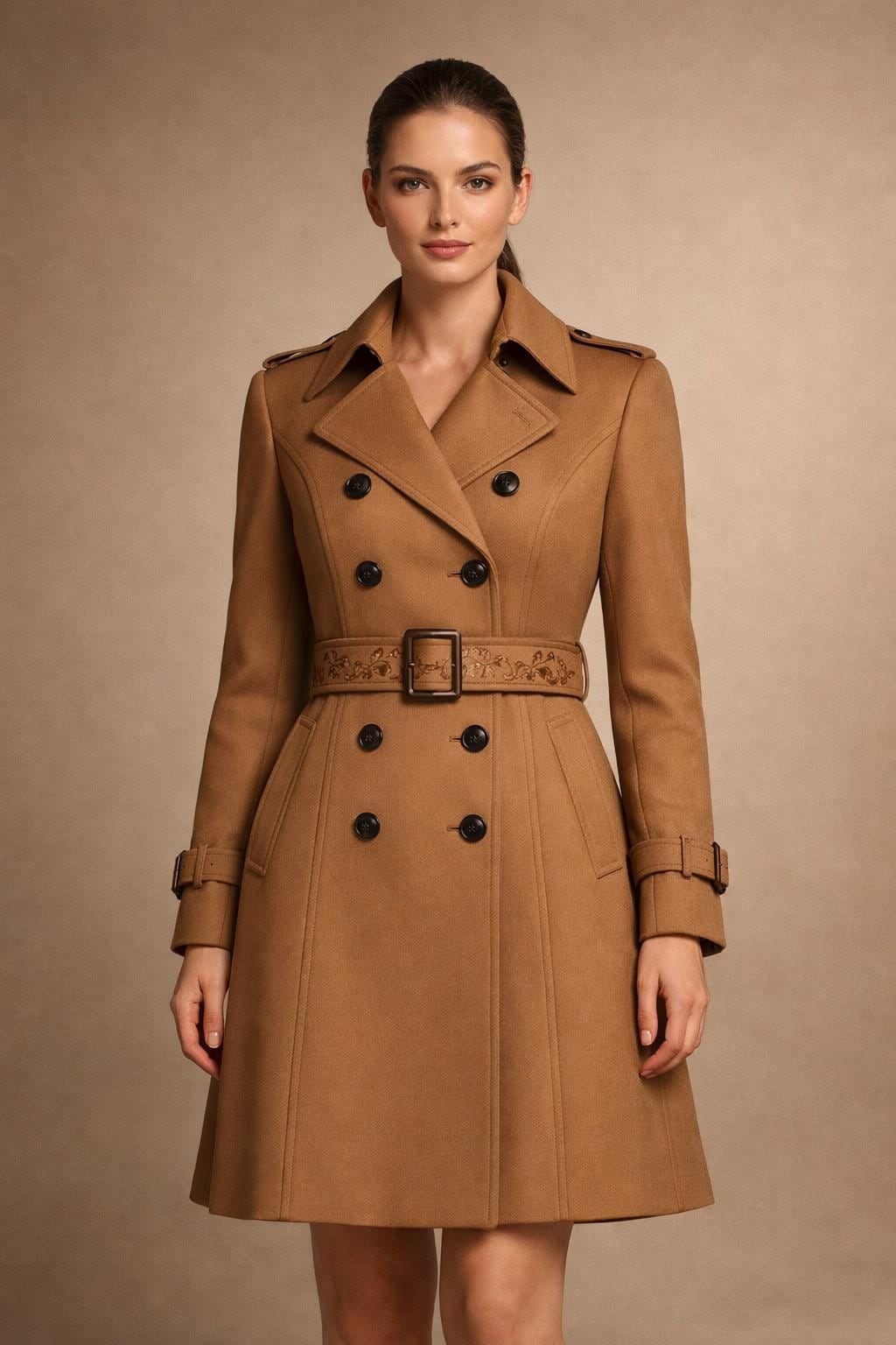 Handmade Gabardine Trench Coat Women – Embroidered Belt Double