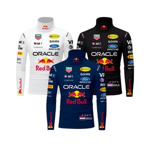 May include: Three long-sleeved turtleneck shirts in white, black, and navy blue. Each shirt features sponsor logos, the Red Bull logo, and the word "ORACLE". The sleeves have the Red Bull logo and the word "Red Bull".