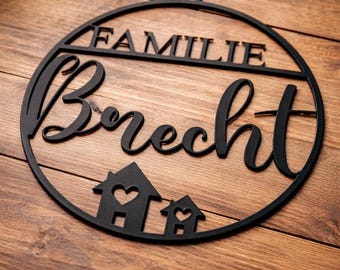 Familientürschild mit Haus | Personalisiertes Namensschild Haustür | Modernes Türschild | Geschenk Einzug & Hausbau