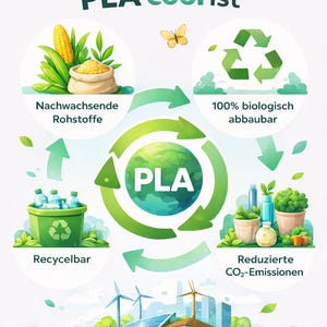May include: An infographic titled Warum unser Produkt aus PLA cool ist, featuring a central globe icon labeled PLA surrounded by four circular diagrams illustrating renewable raw materials, 100% biodegradable properties, recyclability, and reduced CO2 emissions.