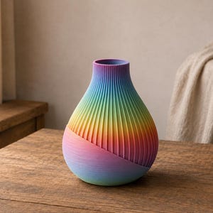 May include: A vase with a rounded base and a narrow neck, featuring a vertical ribbed texture. The surface displays a vibrant rainbow gradient of colors, transitioning from purple at the bottom to blue, green, yellow, orange, and pink at the top.