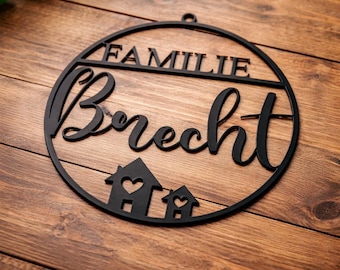 Familientürschild mit Haus | Personalisiertes Namensschild Haustür | Modernes Türschild | Geschenk Einzug & Hausbau