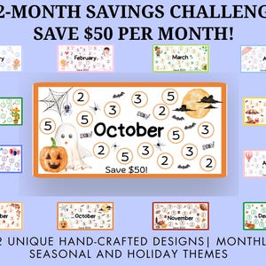 Puede incluir: Un rastreador de ahorros de 12 meses con 12 tarjetas rectangulares de temas estacionales. Cada tarjeta muestra el nombre de un mes, círculos numerados para el seguimiento y el texto Save $50!. La tarjeta de octubre incluye un fantasma y calabaza.