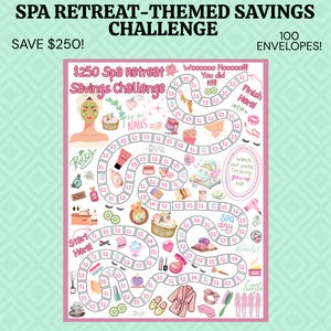 May include: A Spa Retreat-themed savings challenge tracker with 100 envelopes, featuring a winding path of numbered currency amounts from £1 to £5. The design includes illustrations of spa items like face masks, nail polish, robes, and cucumbers.