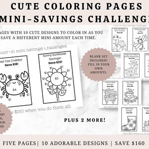 May include: A digital download of cute coloring pages for a mini-savings challenge. The design includes five pages with ten adorable designs to colour, with a goal to save £160. The pages include illustrations of a crab, sunflower, and other fun images.