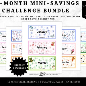 May include: A 12-month mini-savings challenge bundle printable digital download featuring colorful monthly trackers. Each page includes themed illustrations, numbered circles for savings goals, and text such as January, February, March, and Save $50.