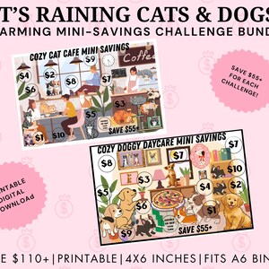以下が含まれることがあります： IT'S RAINING CATS & DOGS! COZY CAT CAFE MINI SAVINGSおよびCOZY DOGGY DAYCARE MINI SAVINGSと題された2枚のイラストカードを含むミニ貯金チャレンジセット。カードには円で囲まれた金額、猫と犬のグラフィック、A6バインダーに適合し10.16x15.24cmのサイズである印刷可能なデジタルダウンロードであることを示すテキストが含まれています。