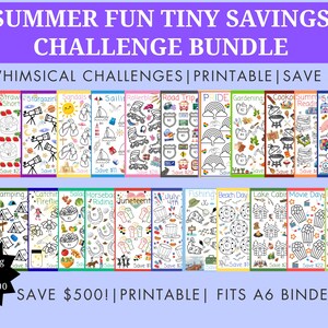 May include: A set of 24 printable savings challenge trackers titled Summer Fun Tiny Savings Challenge Bundle. Each colourful card features unique summer-themed illustrations and numbered icons for tracking progress toward a total savings goal of $500.