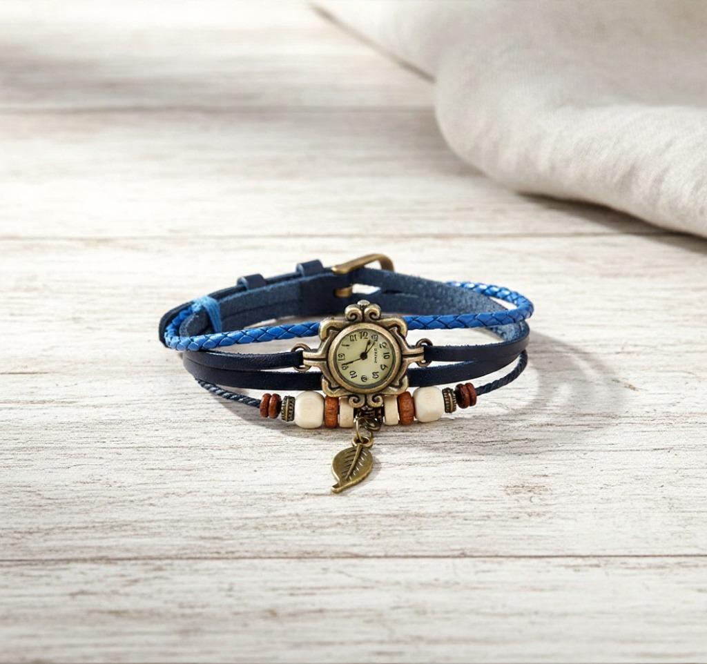 NEW VINTAGE 60\'s Hippie Chic Boho Watch Polished Gold Leather Indigo Blue Jeans Hippie Chic . . . – Watch space main image 3