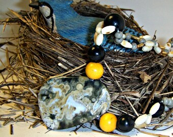 Christmasinjuly,  Sale, Ocean Jasper, Junes Birthstone Necklace Real Pearls - black - yellow - grey beads
