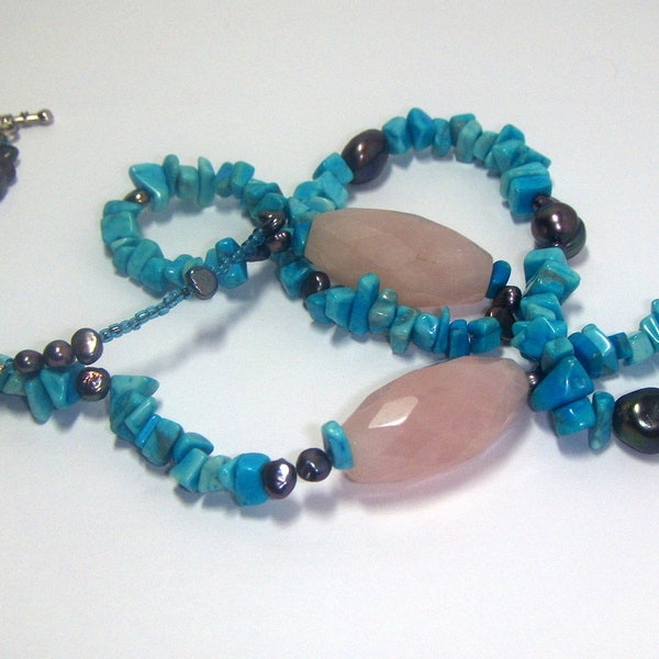 Christmasinjuly, Sale, Blue Ladies Necklace For her - Sale, gemstone w blue howlite and rose quartz beads