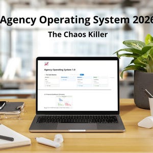 May include: A laptop displaying "Agency Operating System 1.0" on a wooden desk. The screen shows a software interface with data tables and charts. The text "Agency Operating System 2026" and "The Chaos Killer" are visible. A potted plant and office supplies are also on the desk.