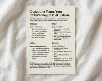 ADHD Dopamine Menu PDF | Neurodivergent Focus Hack | Stimulation List | Motivation Checklist | Instant Digital Download