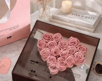 Handgefertigte immer währende Blumengeschenkbox für Sie, Freundin, Muttertag, Hochzeit & Brautgeschenk, durchdachtes Andenken mit Karte
