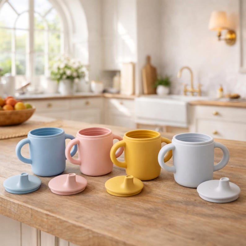 May include: Four silicone cups in pastel colors: blue, pink, yellow, and gray. Each cup has two handles and a matching lid. The cups are arranged on a wooden surface, with a kitchen in the background.
