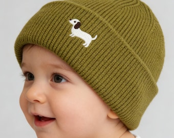 Baby Knit Beanie Hat with Dog Embroidery,Infant Winter Hat,Soft Newborn Beanie,Toddler Knit Cap,Unisex Baby Wear