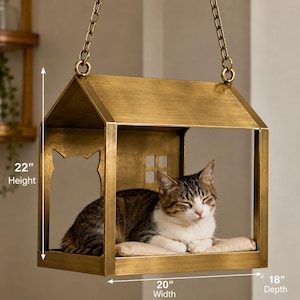 Luxury Brass Cat Swing House | Hanging Cat Bed with Brass Chain | Ceiling Mounted Cat Hammock | Indoor Cat Furniture | Modern Cat House
