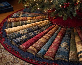 Kerstboomrok, vintage boekvormige kerstdecoratie, literair winteraccent, rustieke feestelijke basisafdekking