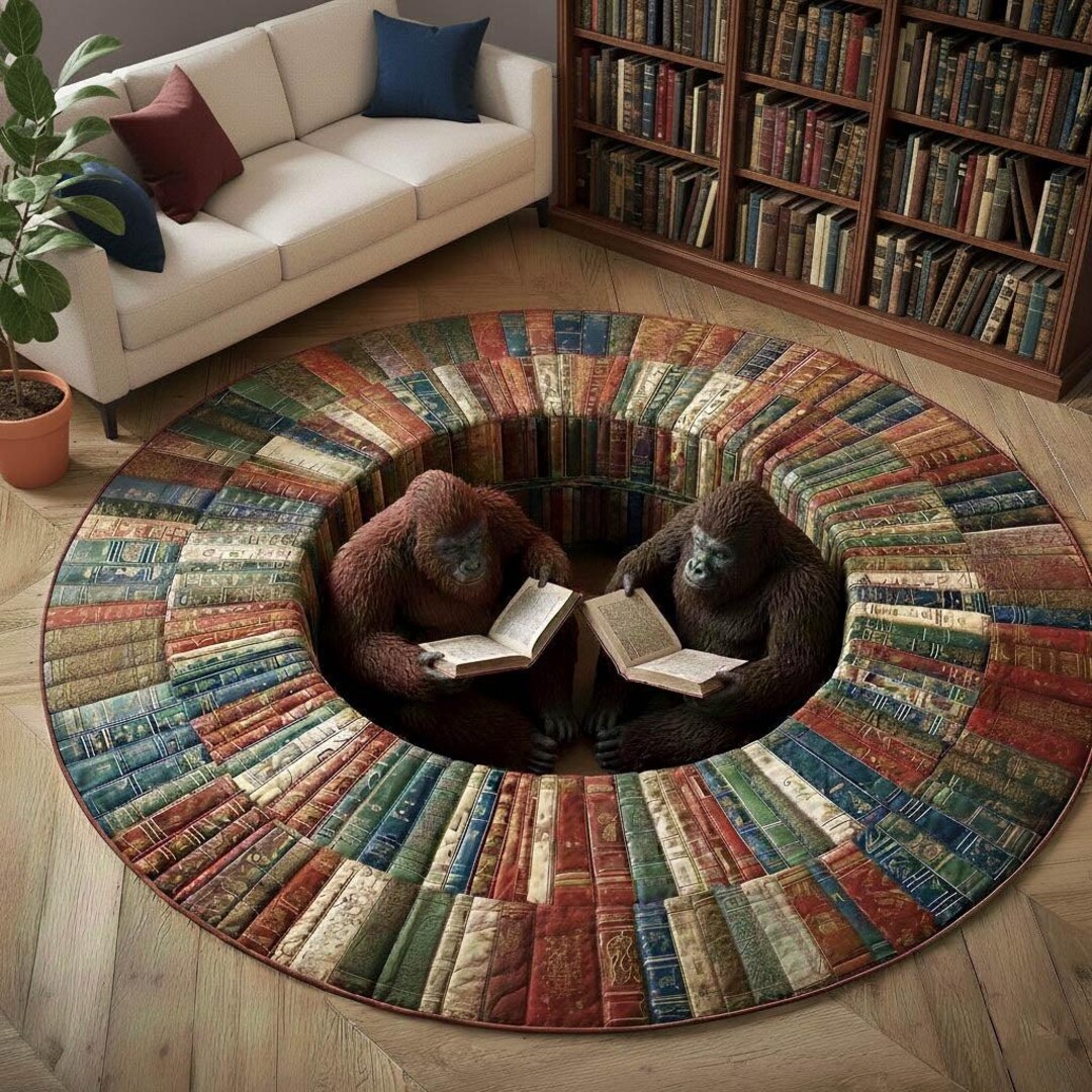 Hidden Library Rug Reading Gorilla Round Rug, Library Book Art, Cozy Reading Nook Decor ...