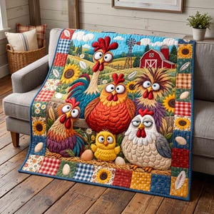 Puede incluir: Una manta acolchada que presenta una colorida escena de granja con cinco pollos de dibujos animados y un pollito. El borde consta de cuadrados de patchwork con girasoles, cuadros y patrones de vichy. Se ve un granero rojo al fondo.