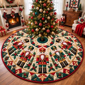 May include: A circular Christmas tree skirt featuring a quilted pattern with nutcracker figures, holly leaves, and red berries. The design includes geometric star motifs in shades of red, green, and cream, surrounding a central opening.