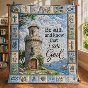 Può includere: Una coperta trapuntata con una torre in pietra sul mare, un cielo nuvoloso e il testo "Be still, and know that I am God." Il bordo include pannelli con croci, colombe, simboli di pesci e frasi come "Psalm 46:10" e "Faith over fear."