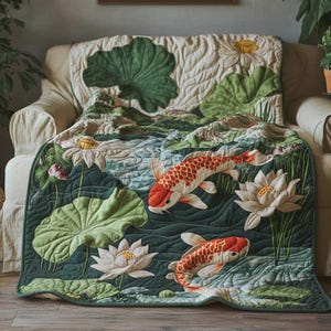 May include: A quilted throw blanket featuring a pond scene with koi fish, lily pads, and lotus flowers. The blanket has a dark green border and is draped over a beige sofa. The koi fish are red and white, and the flowers are white and yellow.