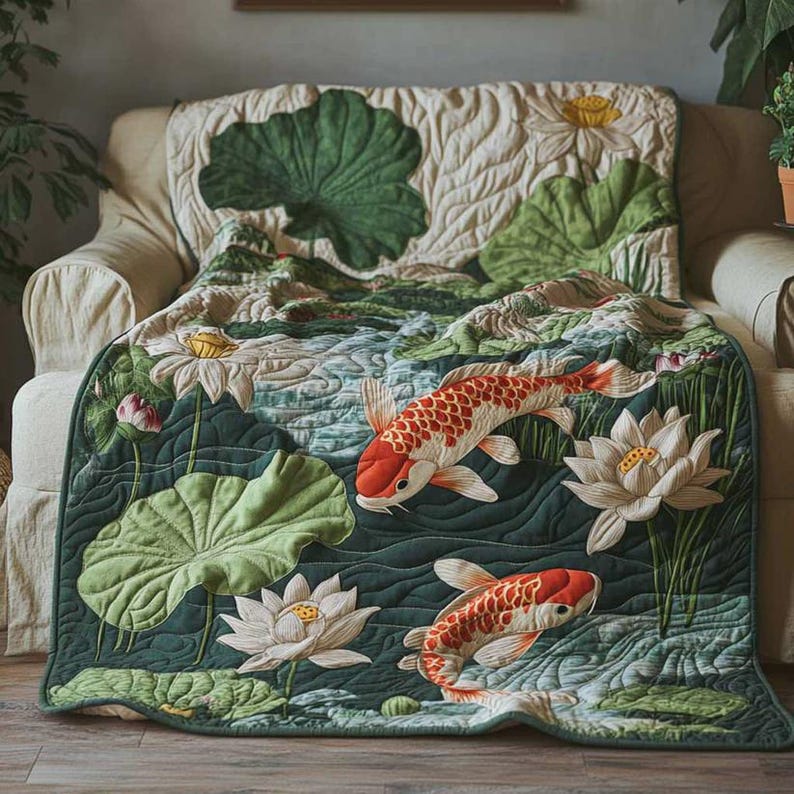 May include: A quilted throw blanket featuring a pond scene with koi fish, lily pads, and lotus flowers. The blanket has a dark green border and is draped over a beige sofa. The koi fish are red and white, and the flowers are white and yellow.