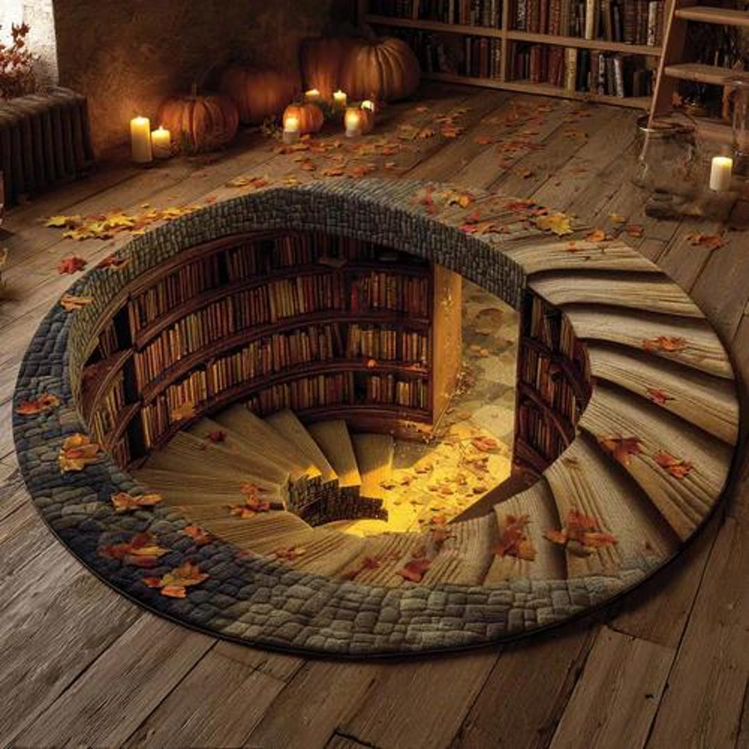Autumn Library Round Rug, Magical Book Art, Cozy Fall Decor, Reading ...