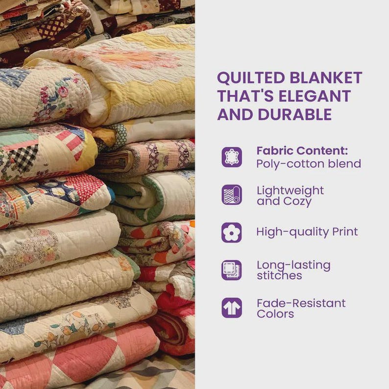 May include: A stack of colorful, quilted blankets. The blankets feature various patterns and colors, including floral, geometric, and patchwork designs. The text on the right reads "QUILTED BLANKET THAT'S ELEGANT AND DURABLE".