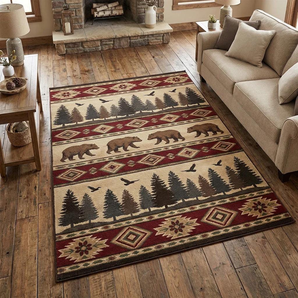 Rustic Bear Area Rug, Cabin Lodge Carpet, Woodland Southwestern Decor ...
