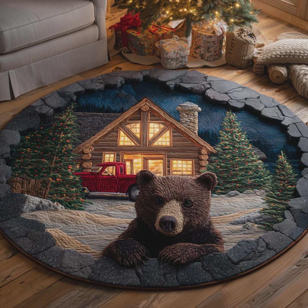 Bear Round Rug Mat, Cozy Cabin Winter Art, Printed Sponge Floor Decor ...