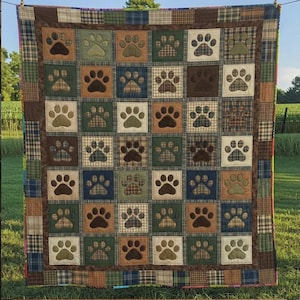 Paw Print Blanket, Dog Lover Gift, Rustic Patchwork Style, Cozy Printed Pet Throw