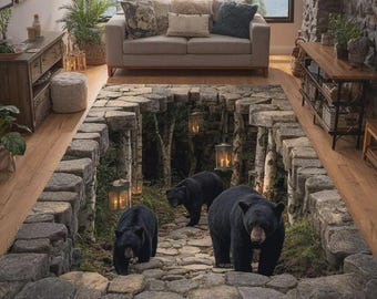 Tapis illusion 3D ours noir, tapis de cabine rustique, décor forêt et faune