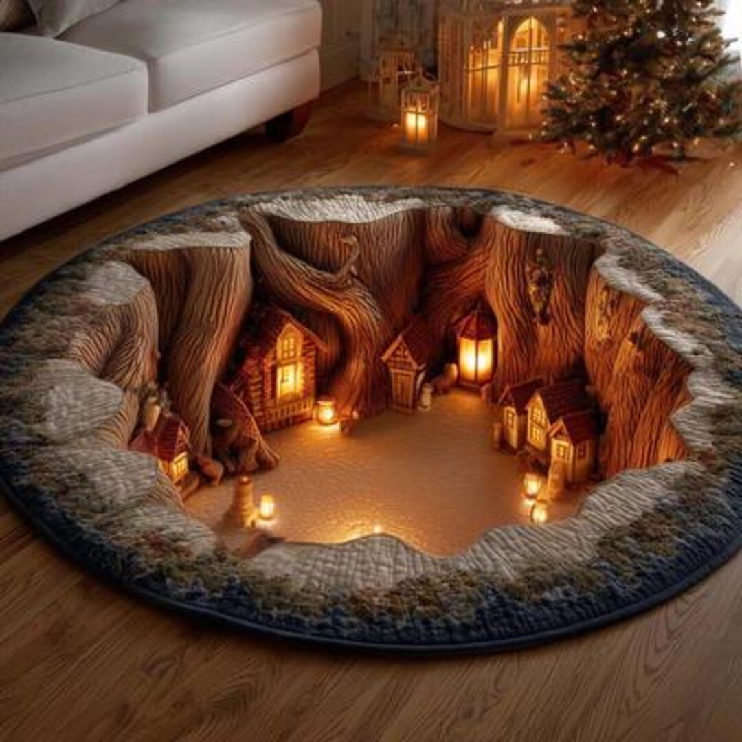 Fairy Rug Round Woodland Village Round Rug, Winter Fairy Tale Cabin Floor Decor - Etsy
