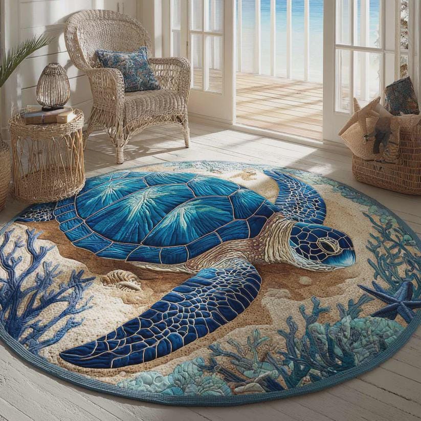 Round Turtle Rug Sea Turtle Round Rug, Coastal Beach Floor Mat, Ocean Decor, Nautical ...