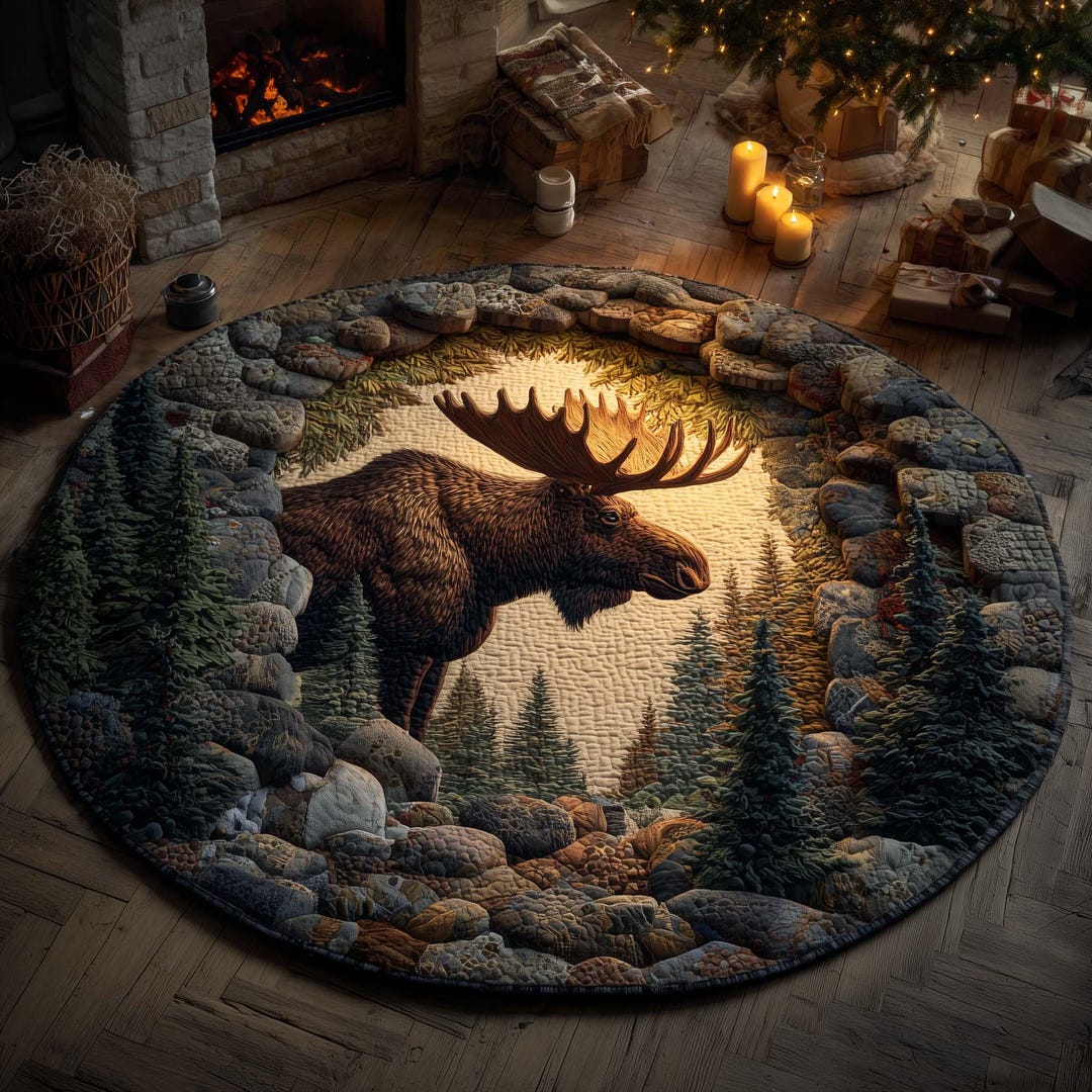 Rustic Photo Mat Moose Round Rug Mat, Rustic Cabin Forest Decor, Printed Sponge Floor ...