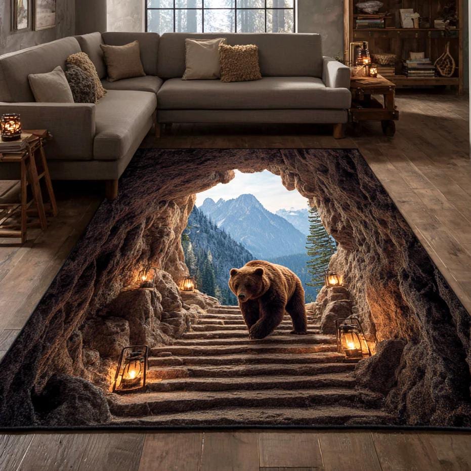 Bear Cave 3D Illusion Area Rug, Rustic Cabin Carpet, Mountain Nature ...