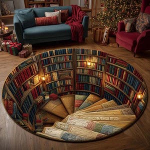 Könnte beinhalten: Ein runder Teppich mit einem Bibliotheksdesign. Der Teppich zeigt eine Wendeltreppe, die in eine Bibliothek mit Bücherregalen voller Bücher führt. Der Teppich hat eine warme Farbpalette mit Braun-, Beige- und Rottönen.