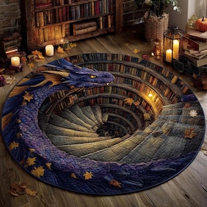 May include: A circular rug with a spiral library design and a blue and purple dragon. The dragon has yellow accents and wraps around the edge. The rug has a dark blue border and is decorated with autumn leaves.