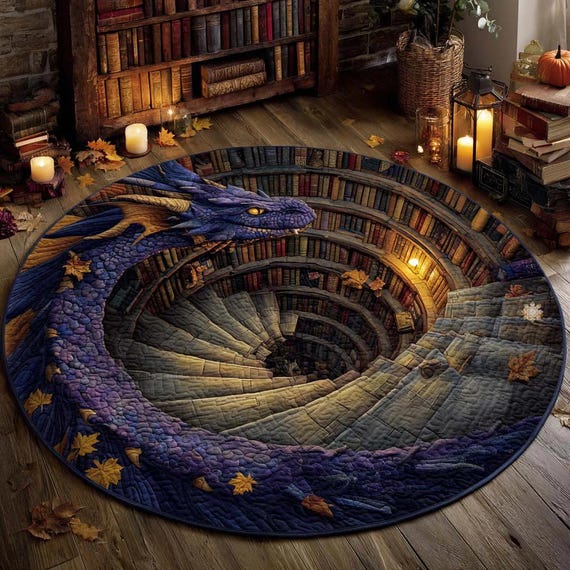 Dragon Spiral Library Rug, Fantasy Book Art, Magical Reading Nook Decor, Medieval Illusion Carpet