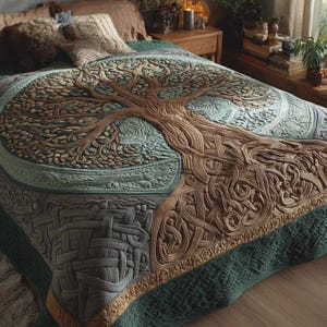 Peut inclure: Une couverture matelassée détaillée avec un motif d'arbre. Le tronc et les branches de l'arbre sont bruns, avec des feuilles et un fond verts et bleu-vert. La partie inférieure de la couette présente un motif tissé dans des tons de gris et de vert, avec une bordure dorée.