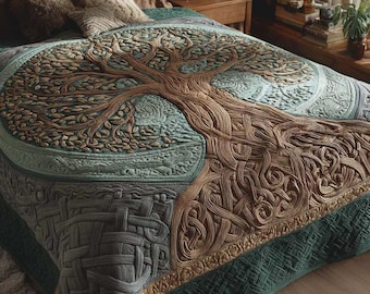 May include: A detailed, quilted bedspread featuring a tree design. The tree's trunk and branches are brown, with green and blue-green leaves and background. The lower portion of the quilt has a woven pattern in shades of gray and green, with a gold border.